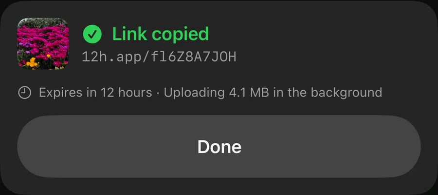 PhotoLink’s card: Link copied, expires in 12 hours